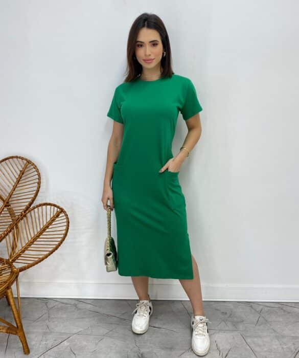 Vestido Midi Manga Curta Alice com Bolsos Verde Bandeira - Fernanda Ramos Store