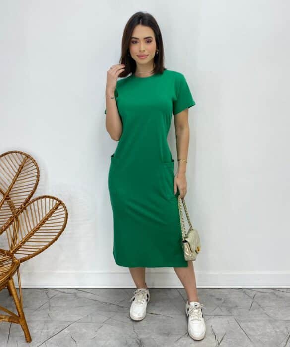 Vestido Midi Manga Curta Alice com Bolsos Verde Bandeira - Fernanda Ramos Store