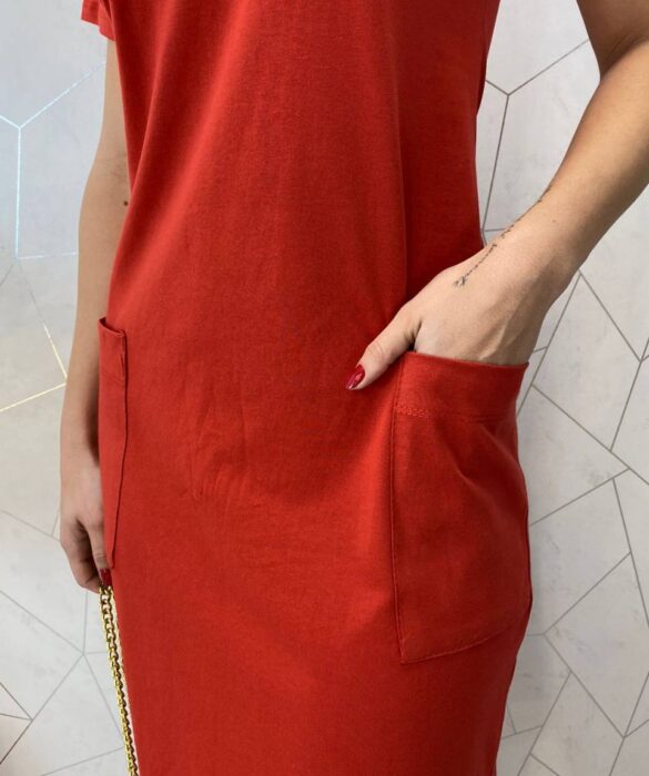 Vestido Midi Manga Curta Alice com Bolsos Terracota - Fernanda Ramos Store