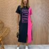 Vestido Midi Manga Curta com Bolsos Over Preto e Pink - Fernanda Ramos Store