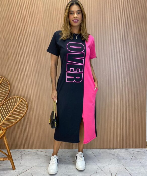 Vestido Midi Manga Curta com Bolsos Over Preto e Pink - Fernanda Ramos Store