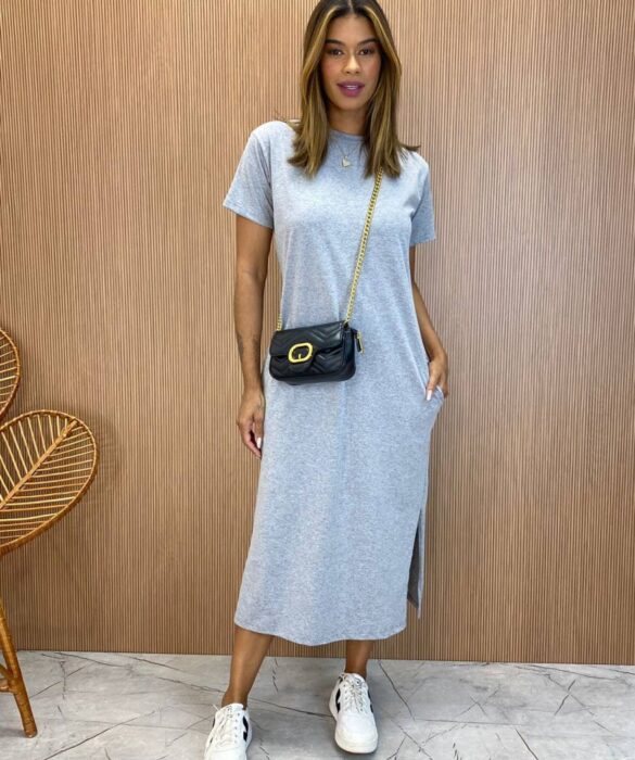 Vestido Midi Manga Curta sem Bojo com Bolsos Cinza Claro - Fernanda Ramos Store