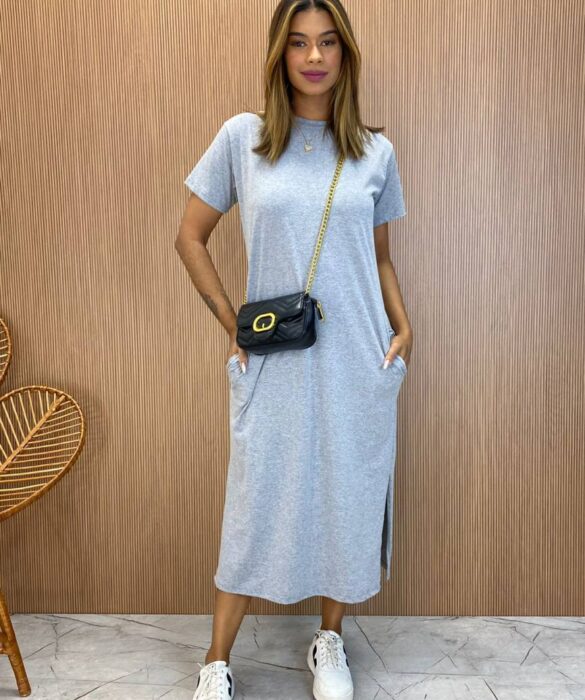 Vestido Midi Manga Curta sem Bojo com Bolsos Cinza Claro - Fernanda Ramos Store