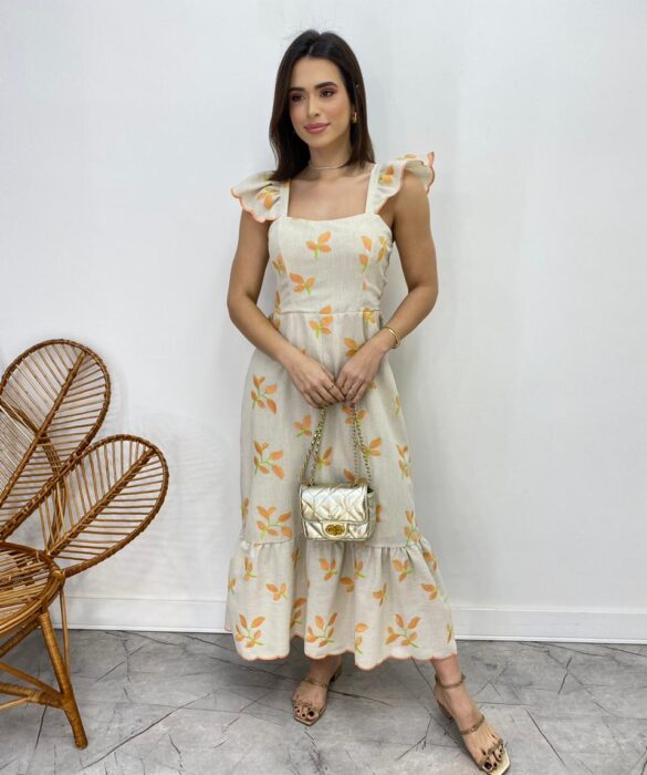 Vestido Midi sem Bojo Alça com Babado Bordado Cru - Fernanda Ramos Store