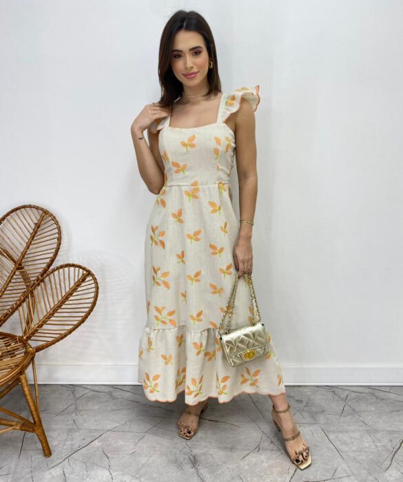 Vestido Midi sem Bojo Alça com Babado Bordado Cru - Fernanda Ramos Store