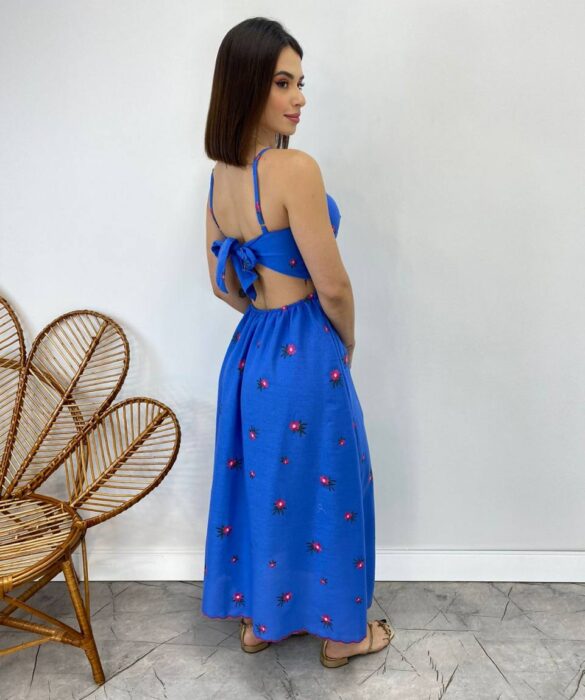 Vestido Midi sem Bojo Alça Regulável Bordado Floral Azul - Fernanda Ramos Store