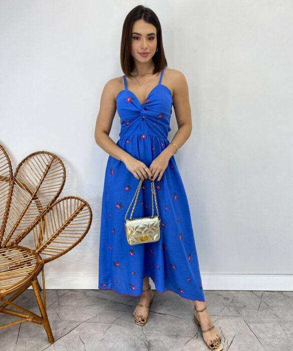 Vestido Midi sem Bojo Alça Regulável Bordado Floral Azul - Fernanda Ramos Store