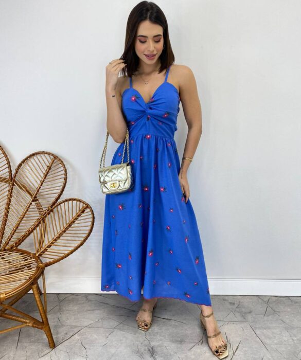 Vestido Midi sem Bojo Alça Regulável Bordado Floral Azul - Fernanda Ramos Store