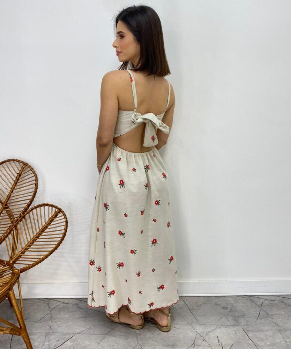 Vestido Midi sem Bojo Alça Regulável Bordado Floral Cru - Fernanda Ramos Store