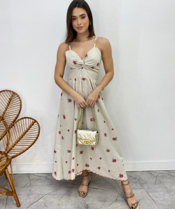 Vestido Midi sem Bojo Alça Regulável Bordado Floral Cru - Fernanda Ramos Store