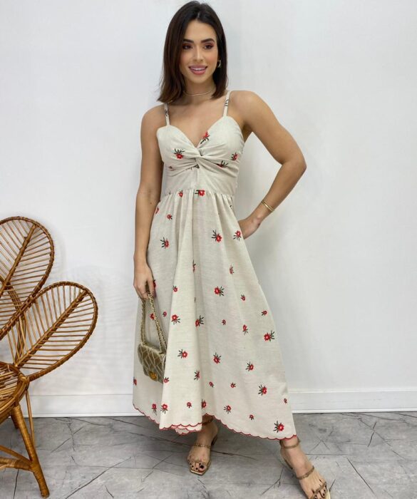 Vestido Midi sem Bojo Alça Regulável Bordado Floral Cru - Fernanda Ramos Store