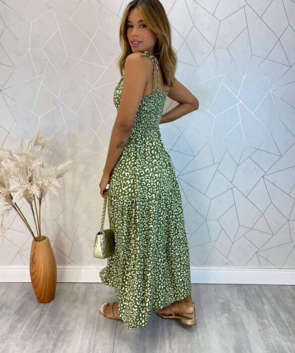 Vestido Midi sem Bojo Amarração nas Alças Isa Estampado Verde - Fernanda Ramos Store