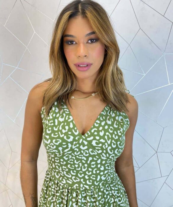 Vestido Midi sem Bojo Amarração nas Alças Isa Estampado Verde - Fernanda Ramos Store