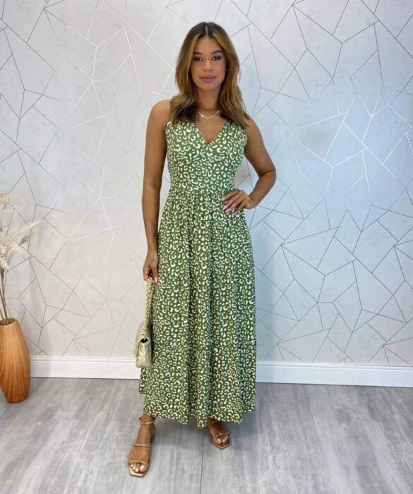 Vestido Midi sem Bojo Amarração nas Alças Isa Estampado Verde - Fernanda Ramos Store