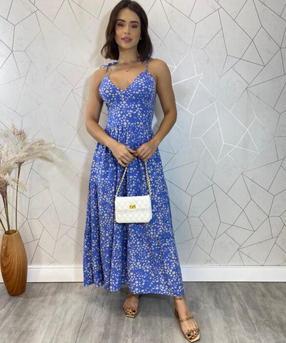 Vestido Midi sem Bojo Amarração nas Alças Isa Floral Azul - Fernanda Ramos Store