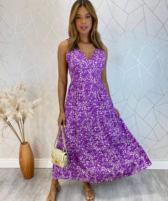 Vestido Midi sem Bojo Amarração nas Alças Isa Floral Fucsia - Fernanda Ramos Store