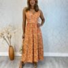 Vestido Midi sem Bojo Amarração nas Alças Isa Floral Laranja - Fernanda Ramos Store