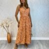 Vestido Midi sem Bojo Amarração nas Alças Isa Floral Laranja - Fernanda Ramos Store