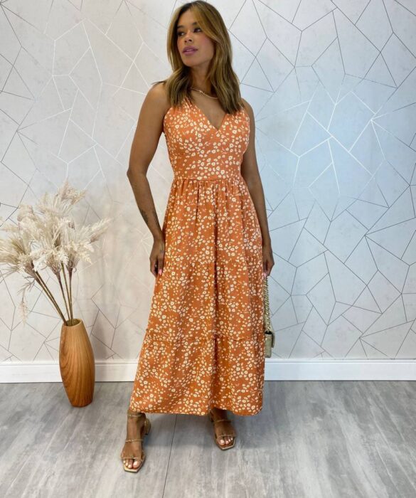 Vestido Midi sem Bojo Amarração nas Alças Isa Floral Laranja - Fernanda Ramos Store