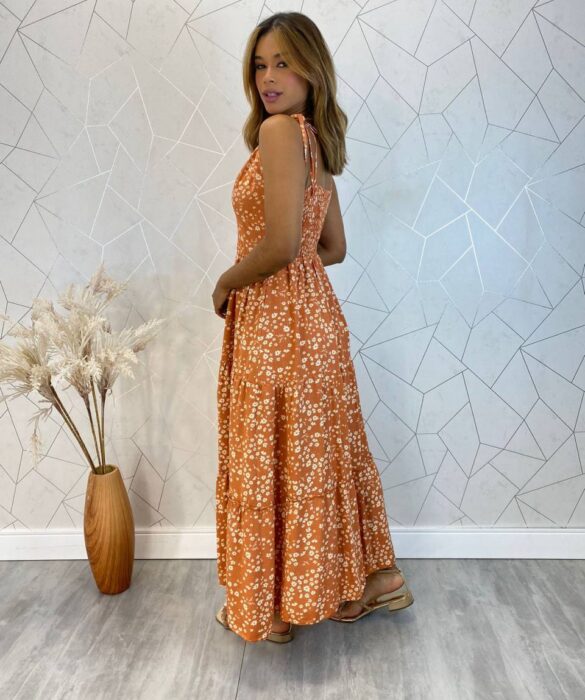 Vestido Midi sem Bojo Amarração nas Alças Isa Floral Laranja - Fernanda Ramos Store