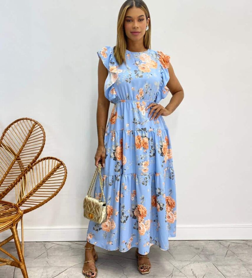 Vestido Midi sem Bojo Aurora com Babado Estampado Azul - Fernanda Ramos Store