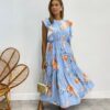 Vestido Midi sem Bojo Aurora com Babado Estampado Azul - Fernanda Ramos Store