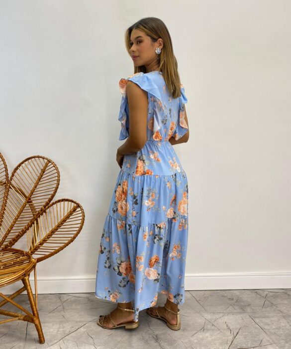 Vestido Midi sem Bojo Aurora com Babado Estampado Azul - Fernanda Ramos Store