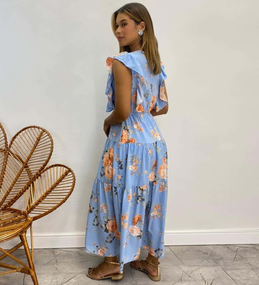 Vestido Midi sem Bojo Aurora com Babado Estampado Azul - Fernanda Ramos Store