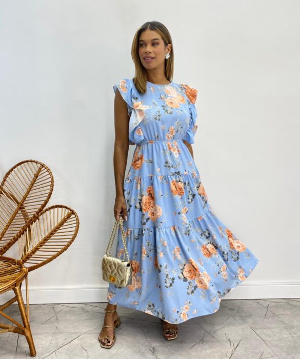 Vestido Midi sem Bojo Aurora com Babado Estampado Azul - Fernanda Ramos Store