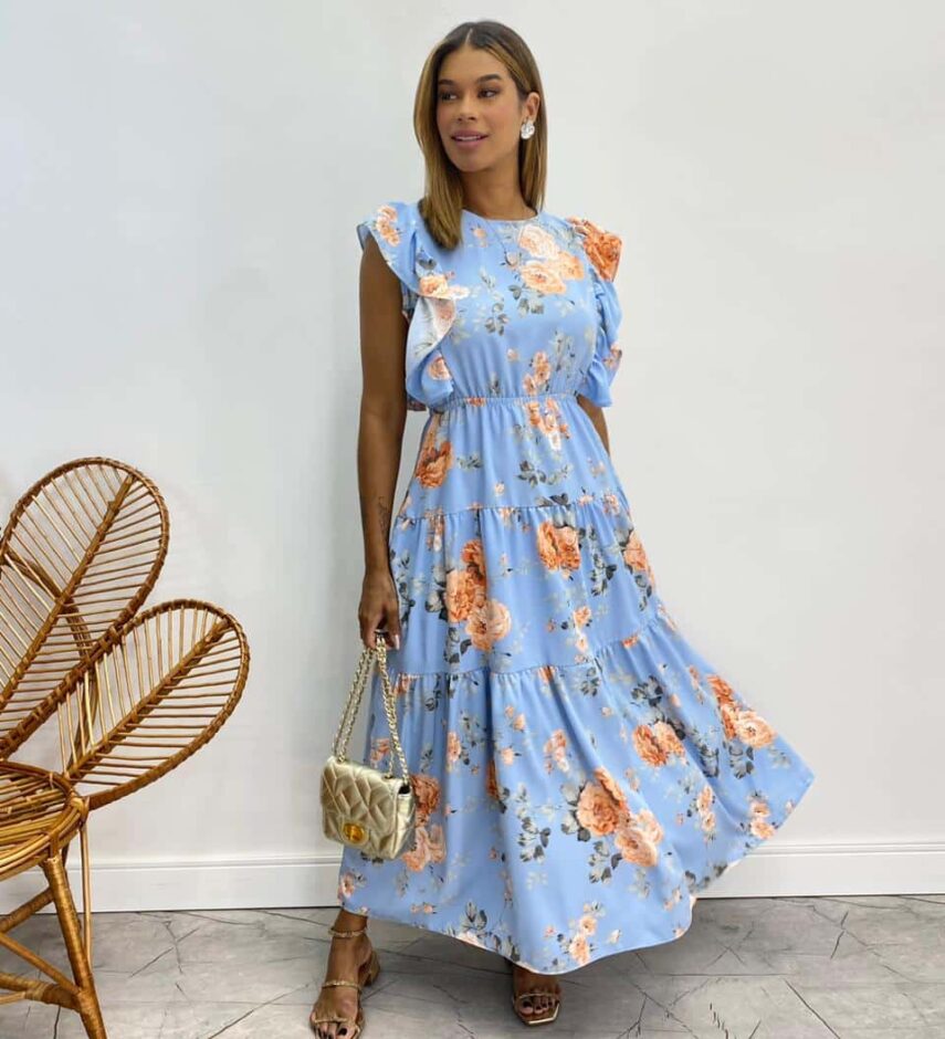 Vestido Midi sem Bojo Aurora com Babado Estampado Azul - Fernanda Ramos Store