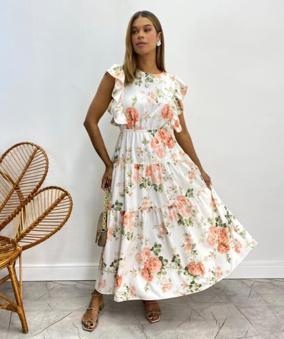 Vestido Midi sem Bojo Aurora com Babado Estampado Branco - Fernanda Ramos Store