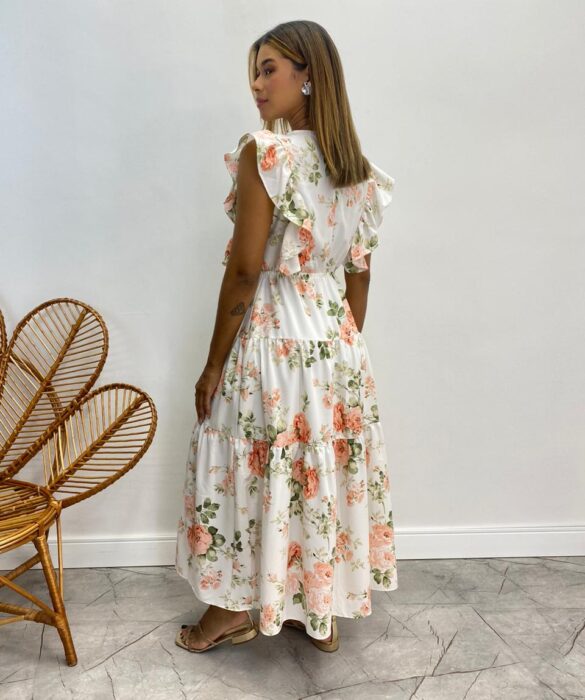 Vestido Midi sem Bojo Aurora com Babado Estampado Branco - Fernanda Ramos Store