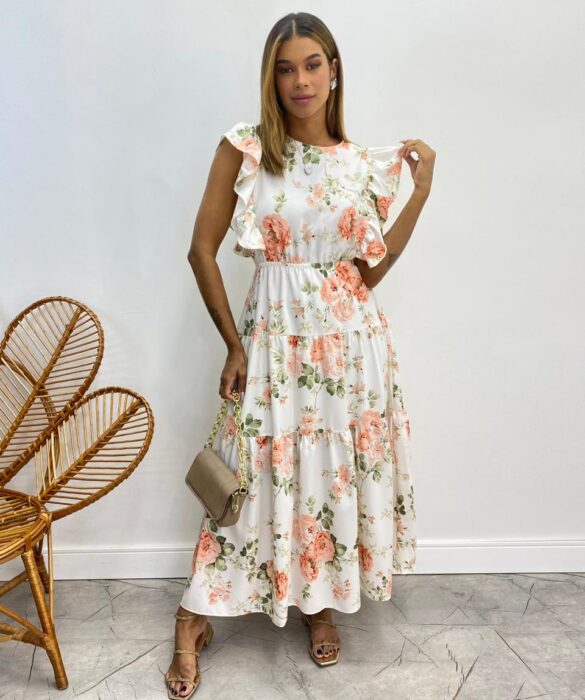 Vestido Midi sem Bojo Aurora com Babado Estampado Branco - Fernanda Ramos Store