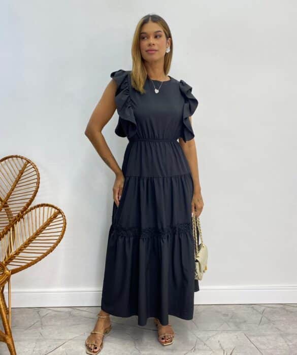 Vestido Midi sem Bojo Aurora com Babado Preto - Fernanda Ramos Store