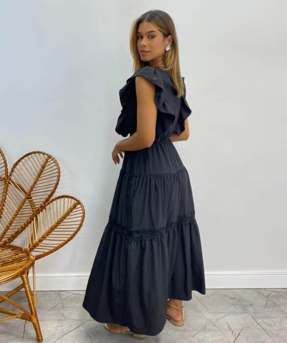 Vestido Midi sem Bojo Aurora com Babado Preto - Fernanda Ramos Store