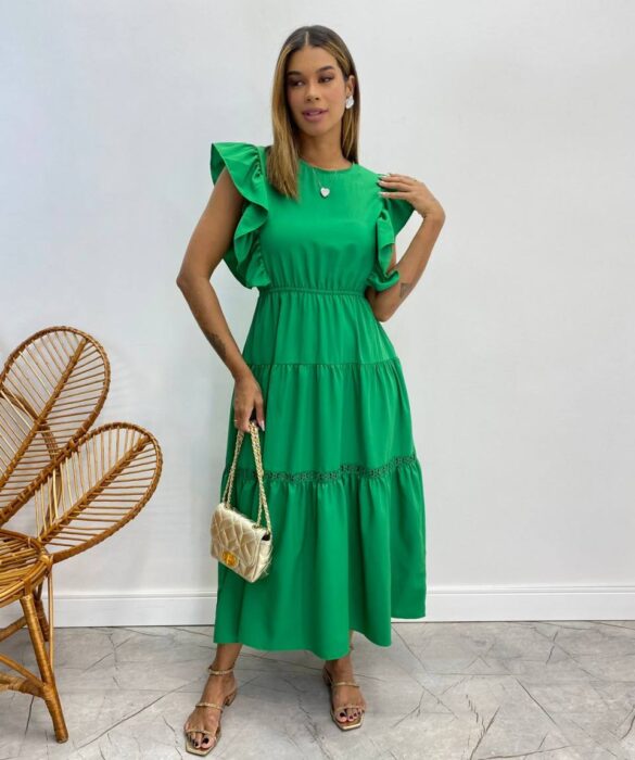 Vestido Midi sem Bojo Aurora com Babado Verde - Fernanda Ramos Store