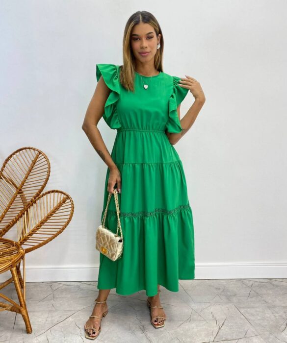 Vestido Midi sem Bojo Aurora com Babado Verde - Fernanda Ramos Store