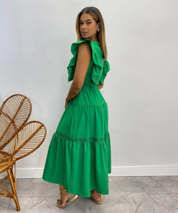 Vestido Midi sem Bojo Aurora com Babado Verde - Fernanda Ramos Store