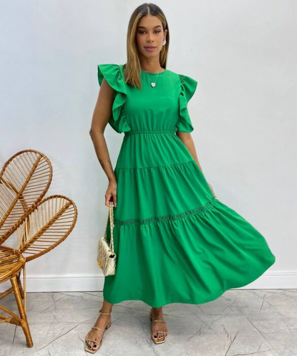 Vestido Midi sem Bojo Aurora com Babado Verde - Fernanda Ramos Store