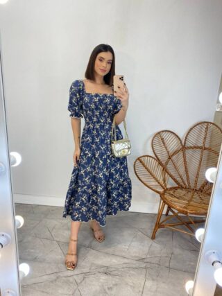 Vestido Midi sem Bojo Eduarda Tricoline com Lastex Bordado - Fernanda Ramos Store