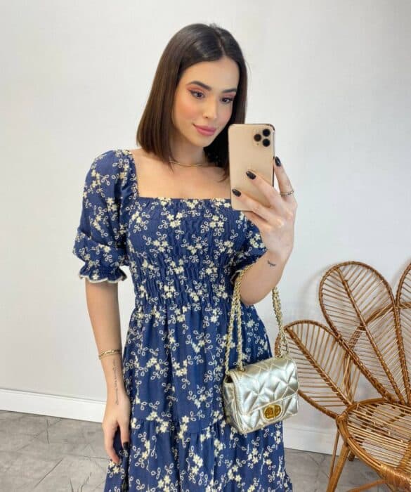 Vestido Midi sem Bojo Eduarda Tricoline com Lastex Bordado - Fernanda Ramos Store