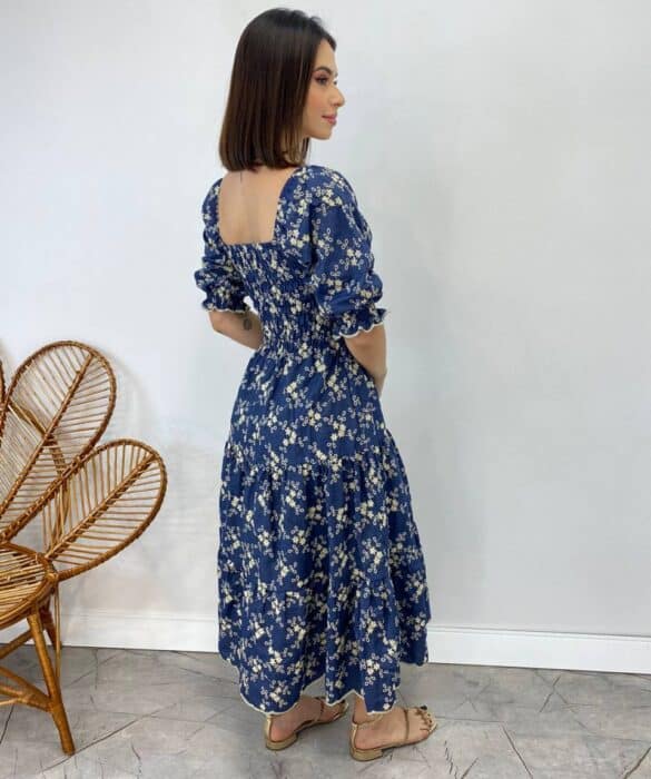 Vestido Midi sem Bojo Eduarda Tricoline com Lastex Bordado - Fernanda Ramos Store