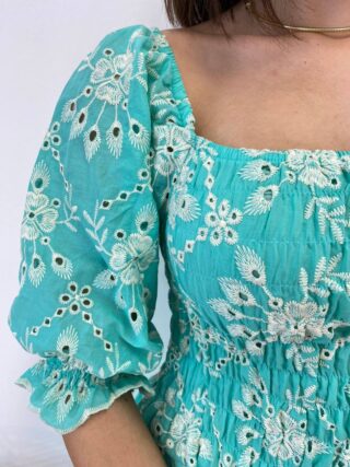 Vestido Midi sem Bojo Eduarda Tricoline com Lastex Bordado Azul - Fernanda Ramos Store