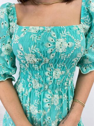 Vestido Midi sem Bojo Eduarda Tricoline com Lastex Bordado Azul - Fernanda Ramos Store