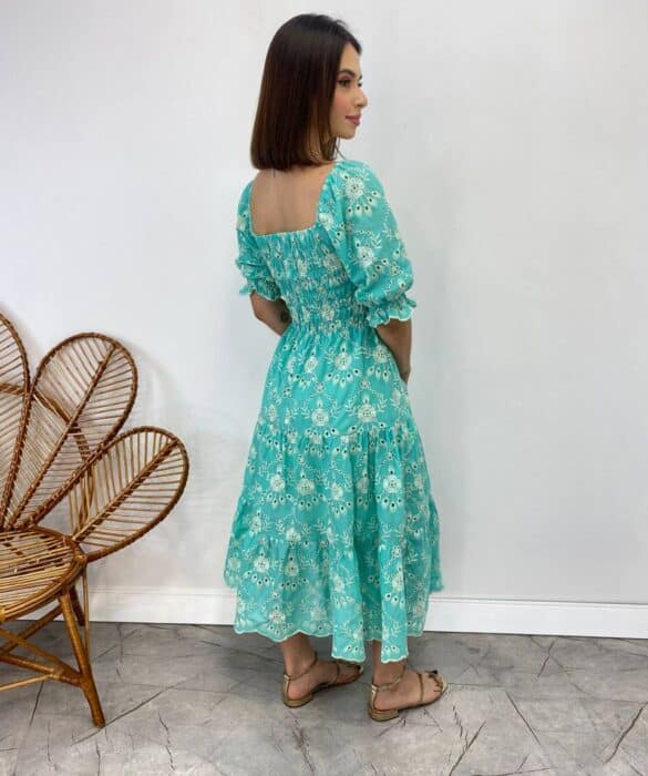 Vestido Midi sem Bojo Eduarda Tricoline com Lastex Bordado Azul - Fernanda Ramos Store