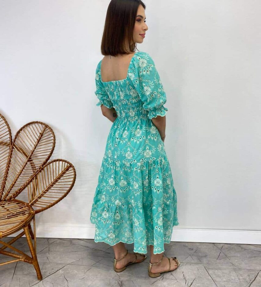 Vestido Midi sem Bojo Eduarda Tricoline com Lastex Bordado Azul - Fernanda Ramos Store