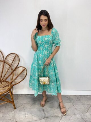 Vestido Midi sem Bojo Eduarda Tricoline com Lastex Bordado Azul - Fernanda Ramos Store