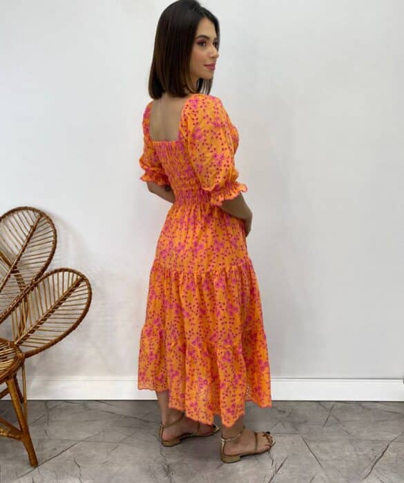 Vestido Midi sem Bojo Eduarda Tricoline com Lastex Bordado Laranja - Fernanda Ramos Store