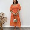 Vestido Midi sem Bojo Eduarda Tricoline com Lastex Bordado Laranja - Fernanda Ramos Store