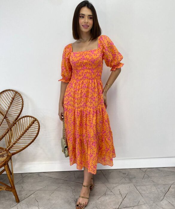 Vestido Midi sem Bojo Eduarda Tricoline com Lastex Bordado Laranja - Fernanda Ramos Store